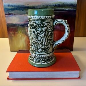 Vintage 70s Green & Cream Ceramic Stein Hand Painted Beer Stein Glazed